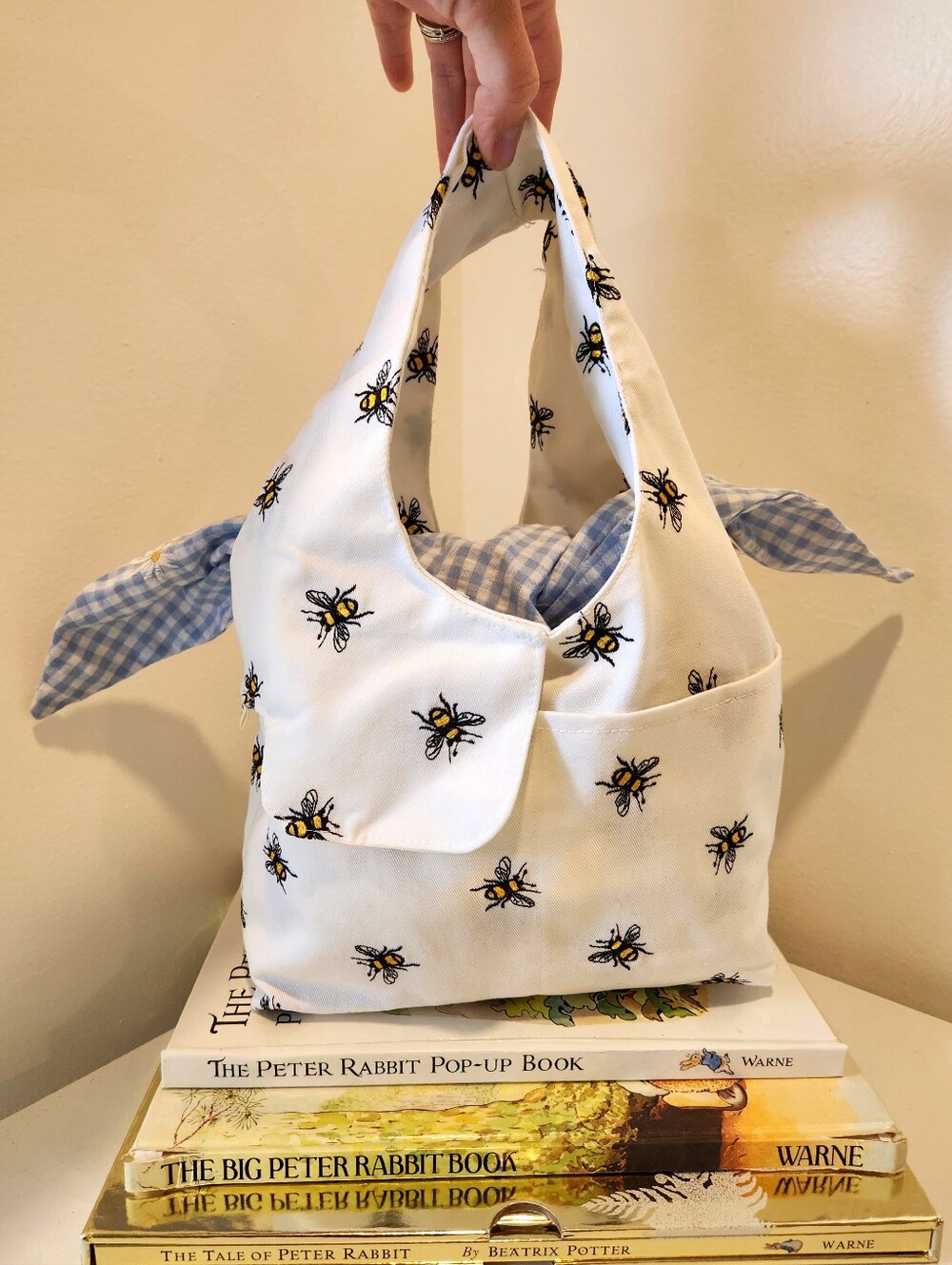 Handmade Boxy Tote Bag Denim Seersucker Embroidered Bees & Daisy Purse